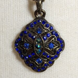 Antique Blue Glass Pendant and Brass Necklace